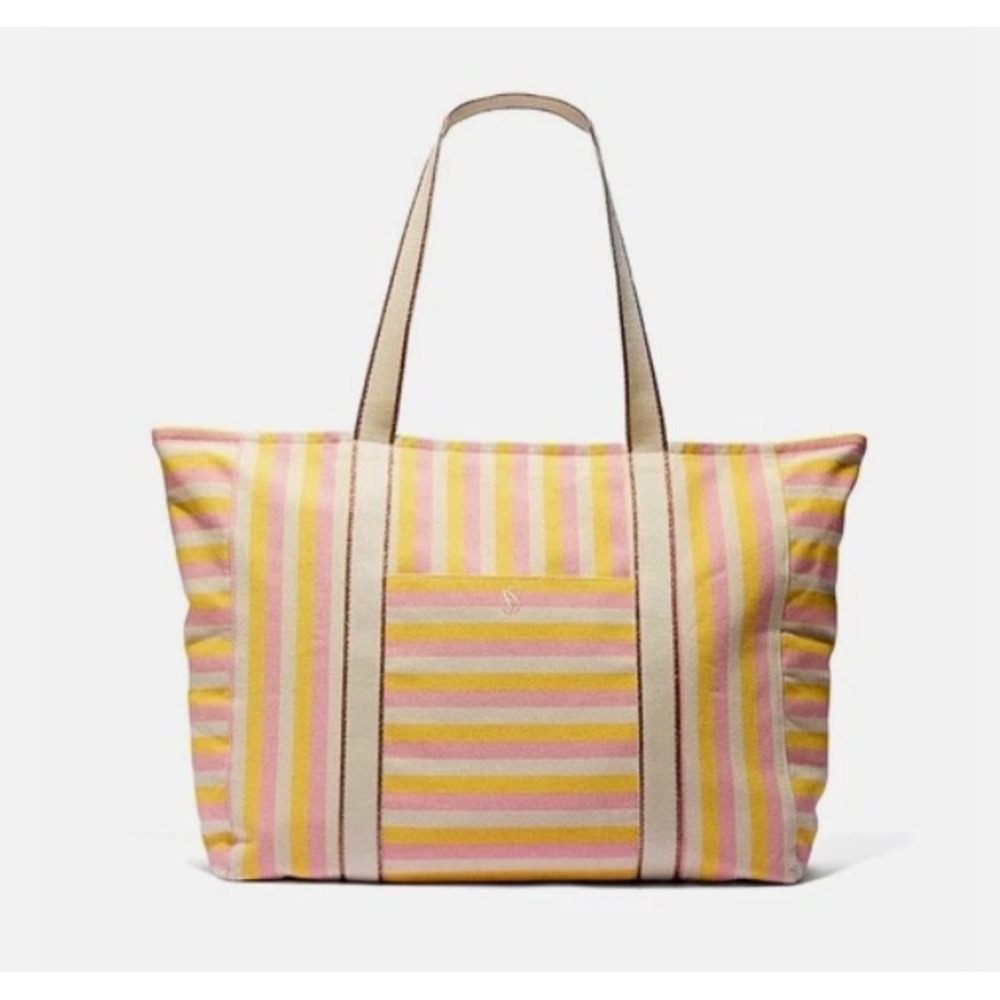 NWT Victoria's Secret Cream Pink & Yellow Striped Canvas Tote Beach Summer Bag